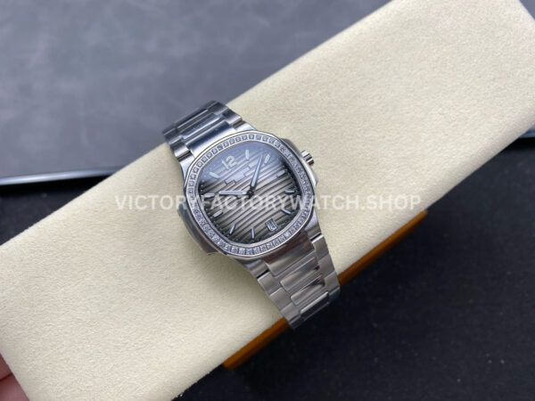TW Factory Patek Philippe Nautilus 71181200A-011 Diamond Bezel Grey Dial (2) TW Factory Patek Philippe Nautilus 7118/1200A-011 35.2mm Full Steel Diamond Bezel Grey Dial