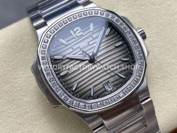 TW Factory Patek Philippe Nautilus 71181200A-011 Diamond Bezel Grey Dial (3) TW Factory Patek Philippe Nautilus 7118/1200A-011 35.2mm Full Steel Diamond Bezel Grey Dial