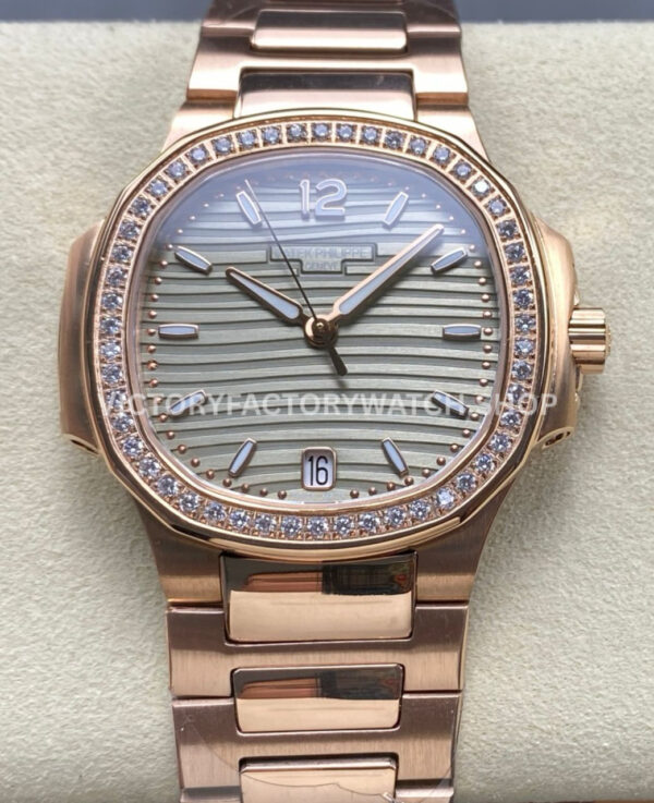 TW Factory Patek Philippe Nautilus 71181200R-010 Rose Gold Diamond Bezel Golden Champagne Dial (2) TW Nautilus 7118 champagne dial rose gold diamond bezel 35.2mm
