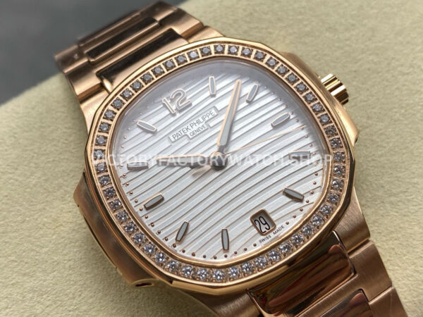 TW Factory Patek Philippe Nautilus 71181R-001 Rose Gold Diamond Bezel White Dial (4) TW Factory Patek Philippe Nautilus 71181R-001 35.2mm Full Rose Gold Diamond Bezel White Dial