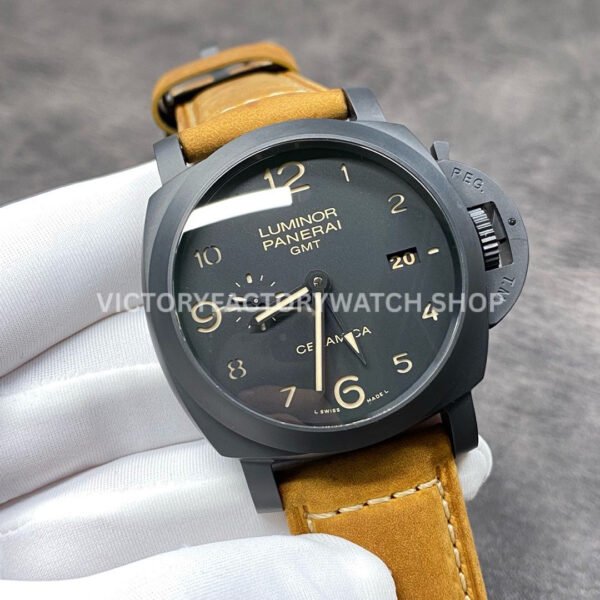 VS Factory Panerai Luminor 1950 3 Days GMT Pam00441 44mm Black Ceramic Leather Strap Black Dial