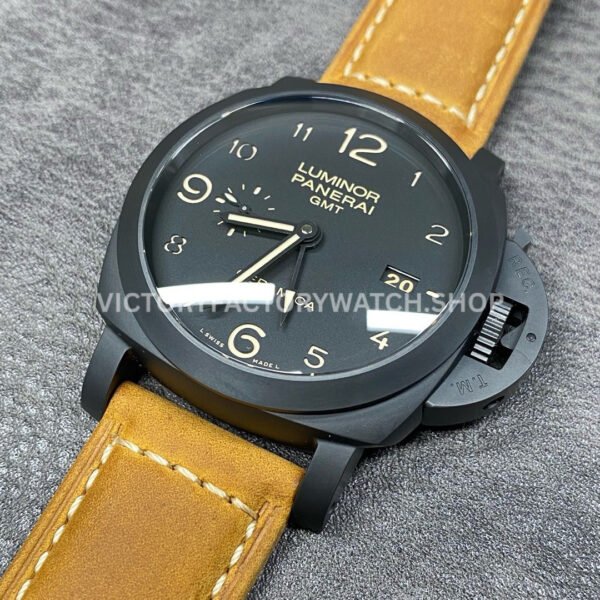 VS Factory Panerai Luminor 1950 3 Days GMT Pam00441 44mm Black Ceramic Leather Strap Black Dial