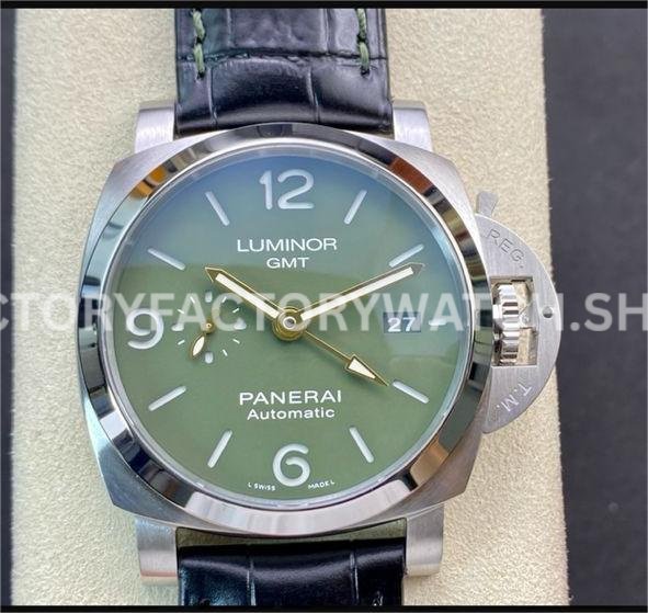 VS Factory Panerai Luminor GMT PAM 01056 44mm Steel Leather strap Green Dial (5) VS PAM01056 Panerai Luminor GMT green dial