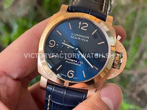 VS Factory Panerai Luminor Marina Pam01114 44mm Rose gold Leather Strap Blue Dial