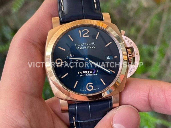 VS Factory Panerai Luminor Marina Pam01114 44mm Rose gold Leather Strap Blue Dial