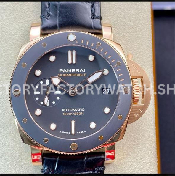 VS Factory Panerai Submersible PAM00974 42mm Rose gold Leather Strap Black Dial (2) VS PAM00974 Panerai Submersible black dial rose gold 42mm