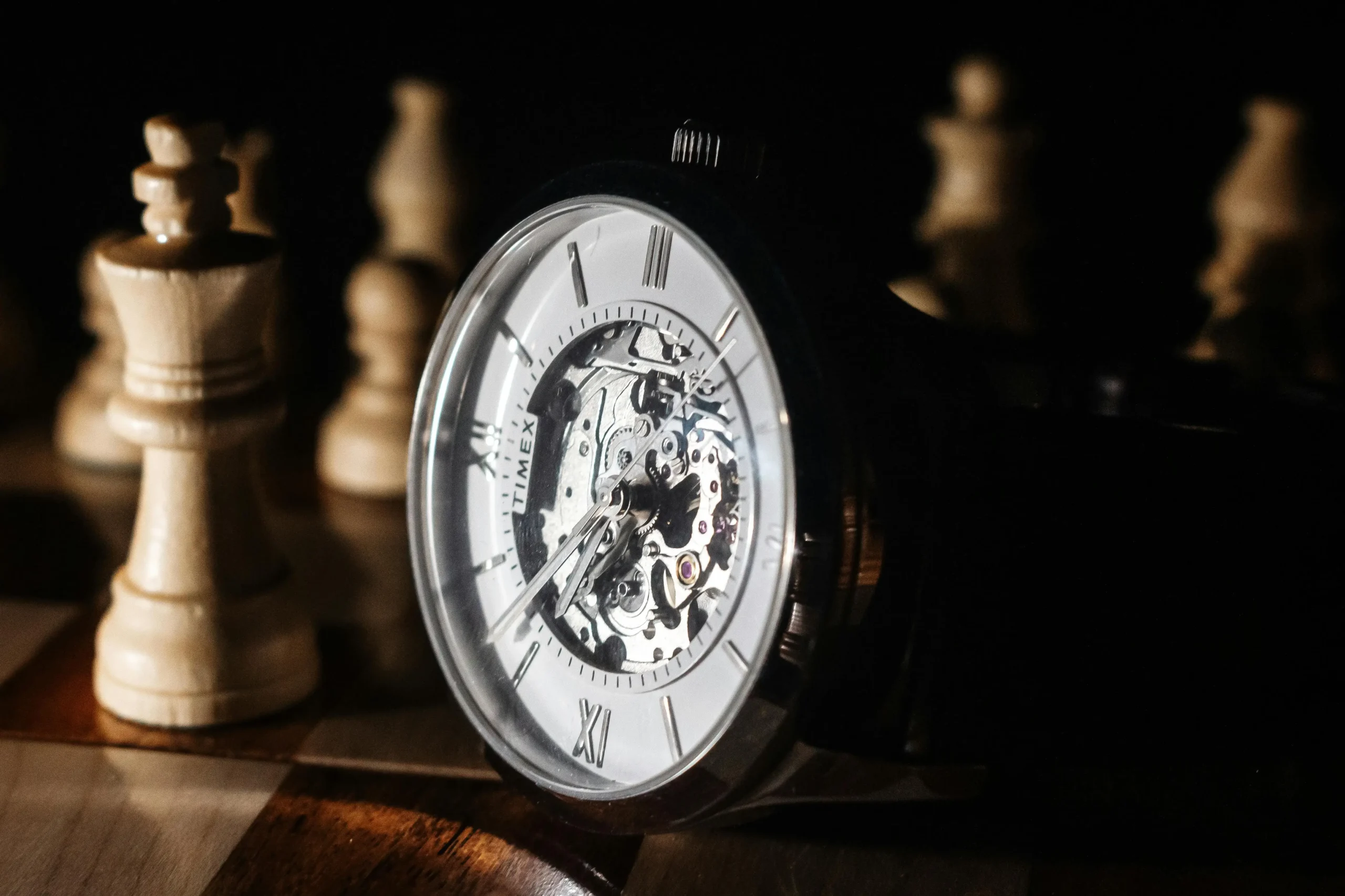 A detailed close-up of a skeleton dial watch showcasing internal movement precision, representing high-end replica watches from VSF (Victory Factory) known for advanced craftsmanship.