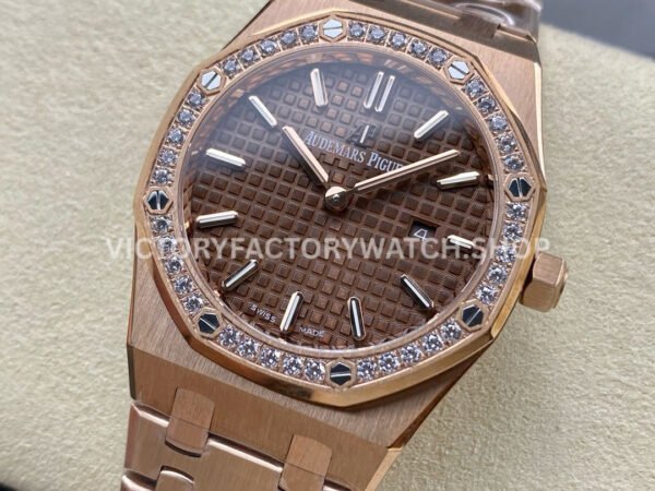 ZF Factory Audemars Piguet Royal Oak Lady 33mm Diamond Bezel Full Rose Gold Brown Dial