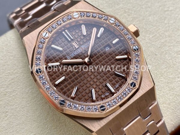 ZF Factory Audemars Piguet Royal Oak Lady 33mm Diamond Bezel Full Rose Gold Brown Dial