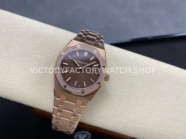 ZF Factory Audemars Piguet Royal Oak Lady 33mm Diamond Bezel Full Rose Gold Brown Dial
