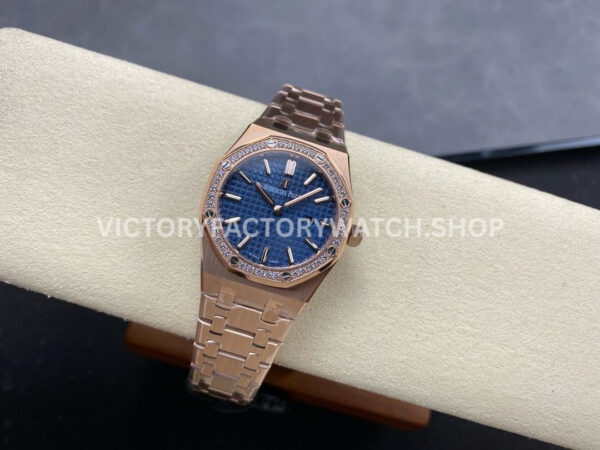 ZF Factory Audemars Piguet Royal Oak Lady 67651OR.ZZ.1261OR.02 33mm Diamond Be ( (4) ZF Factory Audemars Piguet Royal Oak Lady 67651OR.ZZ.1261OR.02 33mm Diamond Bezel Full Rose Gold Blue Dial