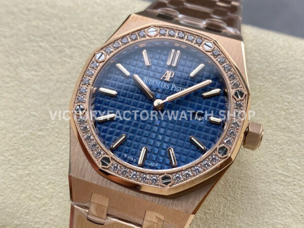 ZF Factory Audemars Piguet Royal Oak Lady 67651OR.ZZ.1261OR.02 33mm Diamond Be ( (7) ZF Factory Audemars Piguet Royal Oak Lady 67651OR.ZZ.1261OR.02 33mm Diamond Bezel Full Rose Gold Blue Dial