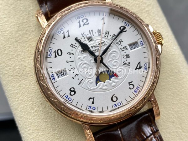 ZM Factory Patek Philippe Perpetual Calendar 5159 38mm Engraving Rose Gold Leather Strap White Dial (5) ZM Factory Patek Philippe Perpetual Calendar 5159 38mm Engraving Rose Gold Leather Strap White Dial