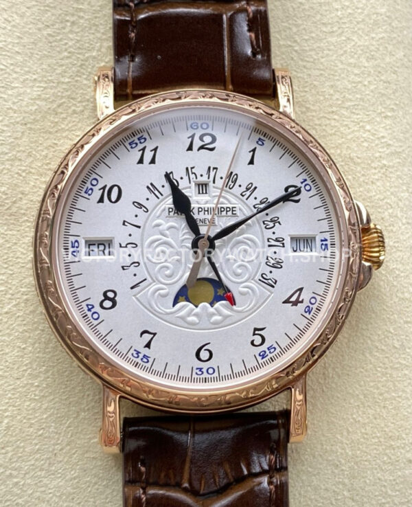 ZM Factory Patek Philippe Perpetual Calendar 5159 38mm Engraving Rose Gold Leather Strap White Dial (6) ZM Factory Patek Philippe 5159 engraving rose gold white dial leather strap