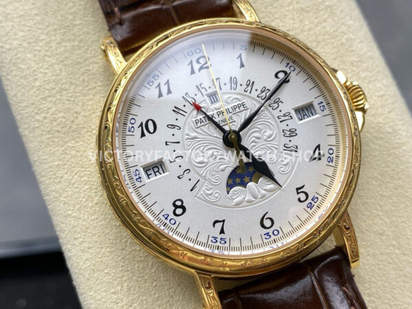 ZM Factory Patek Philippe Perpetual Calendar 5159 38mm Engraving Yellow Gold Leather Strap White Dial