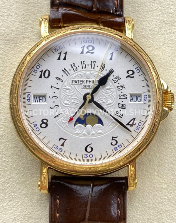 ZM Factory Patek Philippe Perpetual Calendar 5159G 38mm Engraving Yellow Gold Leather Strap White (5) ZM Factory Patek Philippe 5159G engraving yellow gold white dial