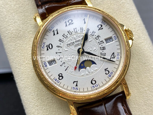ZM Factory Patek Philippe Perpetual Calendar 5159G 38mm Engraving Yellow Gold Leather Strap White (7) ZM Factory Patek Philippe Perpetual Calendar 5159G 38mm Engraving Yellow Gold Leather Strap White Dial