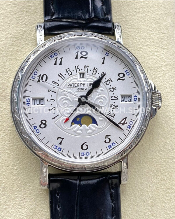 ZM Factory Patek Philippe Perpetual Calendar 5160500G–001 38mm Engraving Steel Leather Strap Whi (4) ZM Factory Patek Philippe 5160 500G engraving white dial leather strap