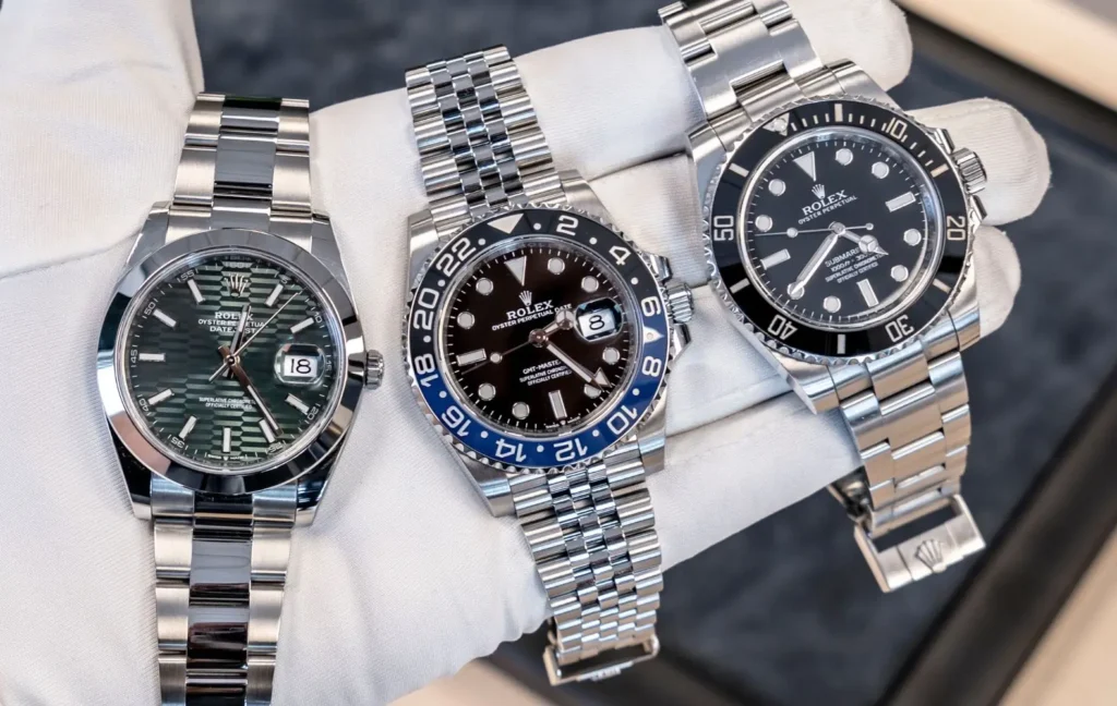 Rolex Datejust, GMT-Master II, and Submariner replica watches displayed side by side for comparison