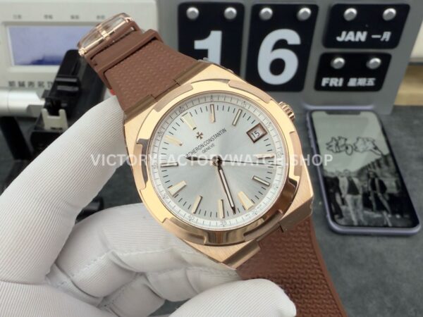 8F Factory Vacheron Constantin Overseas 4500V/000R-B127 41mm Rose Gold Brown Rubber Strap Silver Dial
