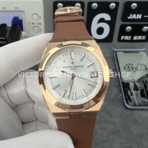8F Factory Vacheron Constantin Overseas 4500V rose gold brown rubber strap silver dial replica watch