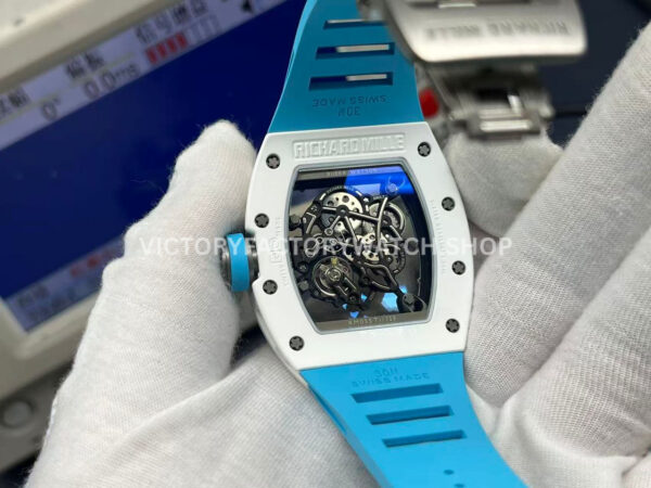 APS Factory Richard Mille RM 055 42.7mm White Ceramic Light Blue Rubber Strap Skeletonized Black Dial (1) APS Factory Richard Mille RM 055 42.7mm White Ceramic Light Blue Rubber Strap Skeletonized Black Dial