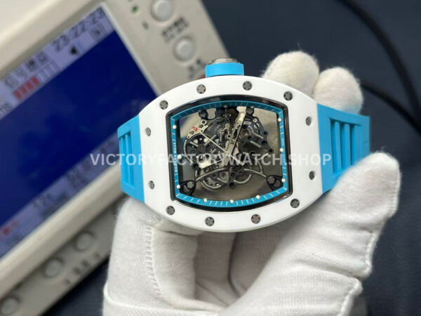 APS Factory Richard Mille RM 055 42.7mm White Ceramic Light Blue Rubber Strap Skeletonized Black Dial (4) APS Factory Richard Mille RM 055 42.7mm White Ceramic Light Blue Rubber Strap Skeletonized Black Dial