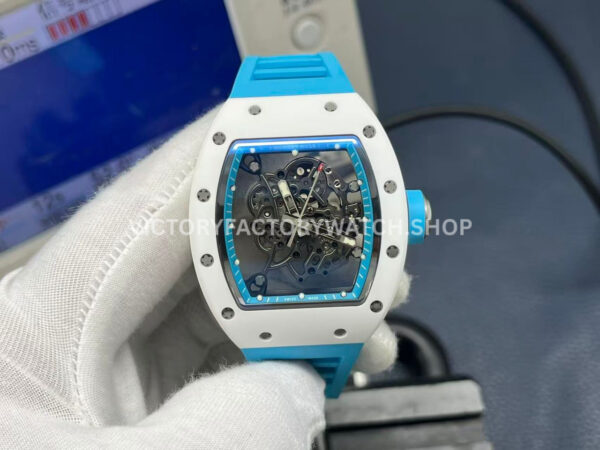 APS Factory Richard Mille RM 055 42.7mm White Ceramic Light Blue Rubber Strap Skeletonized Black Dial (6) APS Factory Richard Mille RM 055 white ceramic light blue rubber strap skeletonized black dial