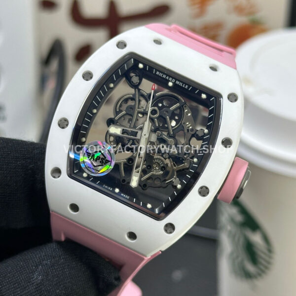 APS Factory Richard Mille RM 055 42.7mm White Ceramic Pink Rubber Strap Skeletonized Black Dial (3) APS Factory Richard Mille RM 055 42.7mm White Ceramic Pink Rubber Strap Skeletonized Black Dial