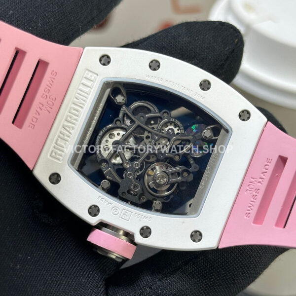 APS Factory Richard Mille RM 055 42.7mm White Ceramic Pink Rubber Strap Skeletonized Black Dial (4) APS Factory Richard Mille RM 055 42.7mm White Ceramic Pink Rubber Strap Skeletonized Black Dial