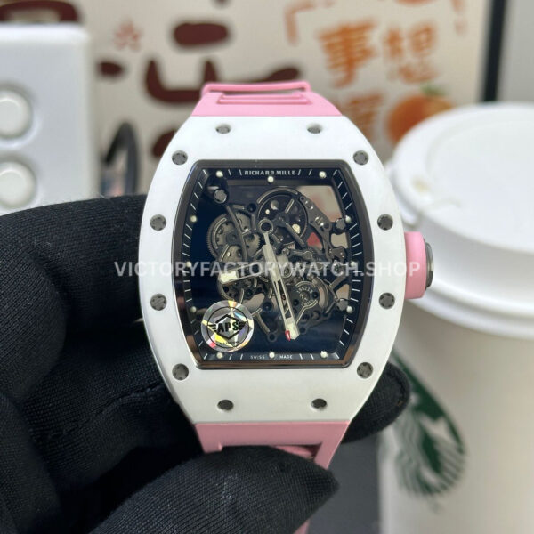 APS Factory Richard Mille RM 055 42.7mm White Ceramic Pink Rubber Strap Skeletonized Black Dial (5) APS Factory Richard Mille RM 055 white ceramic pink rubber strap skeletonized black dial