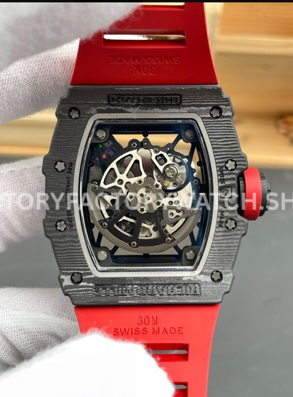 APS Factory Richard Mille RM 35-02 44.5mm Black Carbon Fiber Red Rubber Strap Black Skeletonized Dial (2) APS Factory Richard Mille RM 35-02 44.5mm Black Carbon Fiber Red Rubber Strap Black Skeletonized Dial