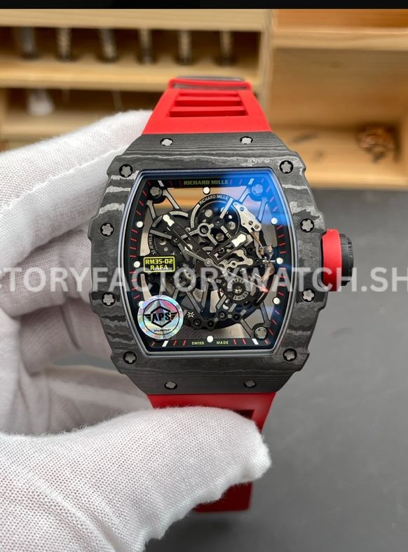 APS Factory Richard Mille RM 35-02 44.5mm Black Carbon Fiber Red Rubber Strap Black Skeletonized Dial (6) APS Factory Richard Mille RM 35-02 black carbon fiber red rubber strap black skeletonized dial
