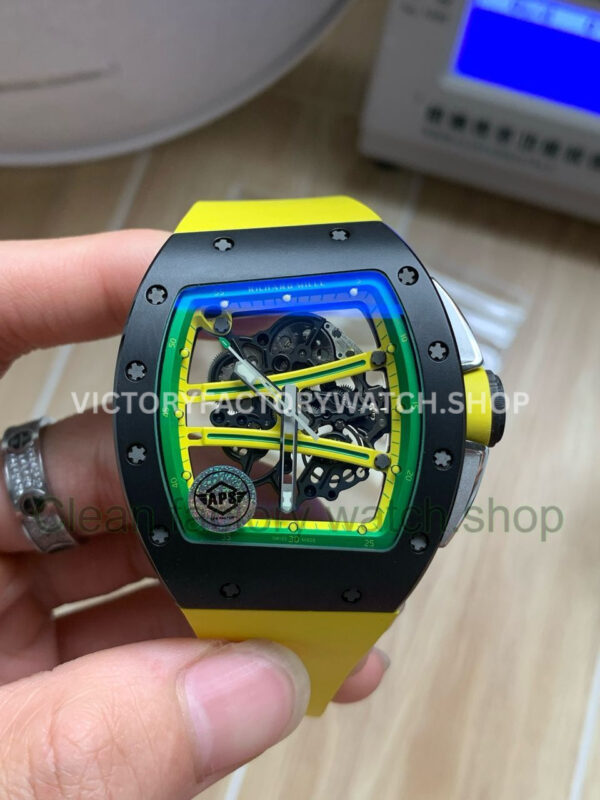 APS Factory Richard Mille RM 61-01 42.7mm Black Ceramic Yellow Rubber Strap Skeletonized Green Dial (1) APS Factory Richard Mille RM 61-01 black ceramic yellow rubber strap skeletonized green dial