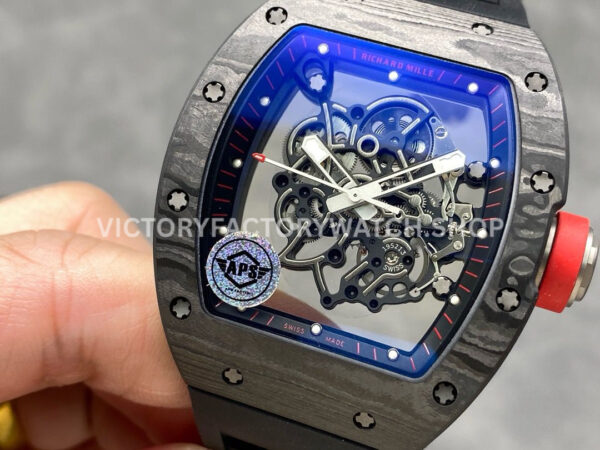 APS Factory Richard Mille RM 055 42.7mm Titanium Rubber Strap Skeletonized Red Subtitles On Black Background Dial