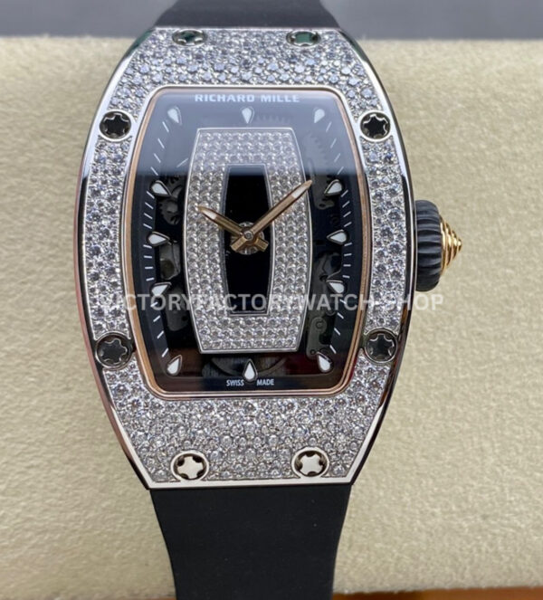 BBA Factory Richard Mille RM 07 31.4mm Diamond Bezel Black Rubber Strap Skeletonized Black Dial (8) BBA Factory Richard Mille RM 07 black skeletonized dial diamond bezel black rubber strap