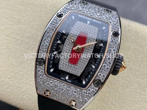 BBA Factory Richard Mille RM 07 31.4mm Diamond Bezel Black Rubber Strap Skeletonized Red Dial