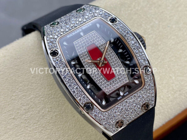BBA Factory Richard Mille RM 07 31.4mm Diamond Bezel Black Rubber Strap Skeletonized Red Dial