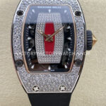 BBA Factory Richard Mille RM 07 red skeletonized dial diamond bezel black rubber strap