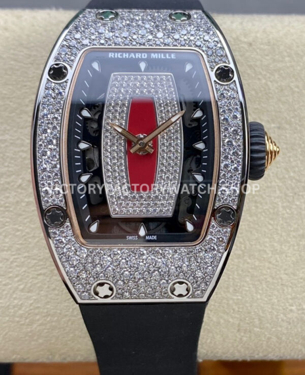 BBA Factory Richard Mille RM 07 red skeletonized dial diamond bezel black rubber strap