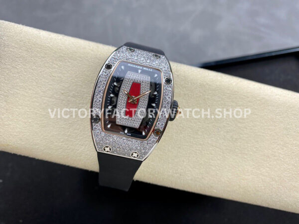 BBA Factory Richard Mille RM 07 31.4mm Diamond Bezel Black Rubber Strap Skeletonized Red Dial