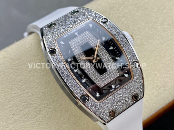 BBA Factory Richard Mille RM 07 31.4mm Diamond Bezel White Rubber Strap Skeletonized Black Dial (4) BBA Factory Richard Mille RM 07 31.4mm Diamond Bezel White Rubber Strap Skeletonized Black Dial