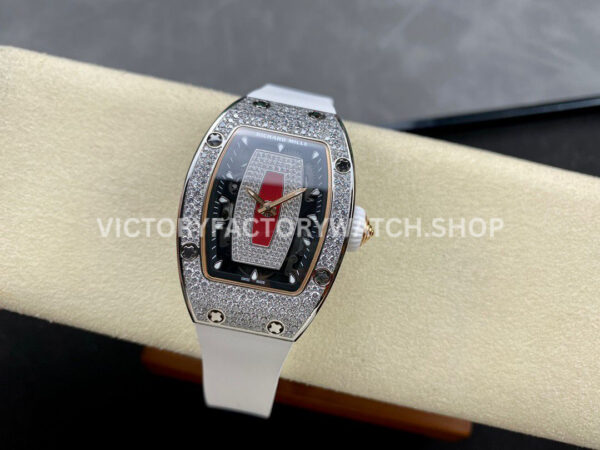 BBA Factory Richard Mille RM 07 31.4mm Diamond Bezel White Rubber Strap Skeletonized Red Dial (1) BBA Factory Richard Mille RM 07 31.4mm Diamond Bezel White Rubber Strap Skeletonized Red Dial