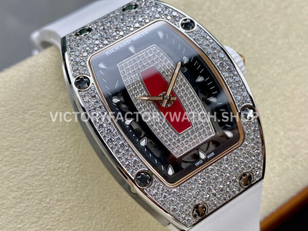BBA Factory Richard Mille RM 07 31.4mm Diamond Bezel White Rubber Strap Skeletonized Red Dial (2) BBA Factory Richard Mille RM 07 31.4mm Diamond Bezel White Rubber Strap Skeletonized Red Dial