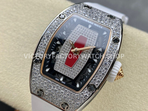BBA Factory Richard Mille RM 07 31.4mm Diamond Bezel White Rubber Strap Skeletonized Red Dial (3) BBA Factory Richard Mille RM 07 31.4mm Diamond Bezel White Rubber Strap Skeletonized Red Dial