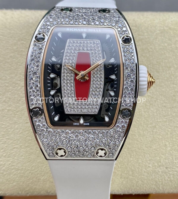 BBA Factory Richard Mille RM 07 31.4mm Diamond Bezel White Rubber Strap Skeletonized Red Dial (9) BBA Factory Richard Mille RM 07 diamond bezel red skeletonized dial white rubber strap