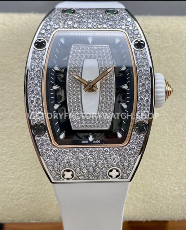 BBA Factory Richard Mille RM 07 31.4mm Diamond Bezel White Rubber Strap Skeletonized White Dial (9) BBA Factory Richard Mille RM 07 diamond bezel white skeletonized dial white rubber strap