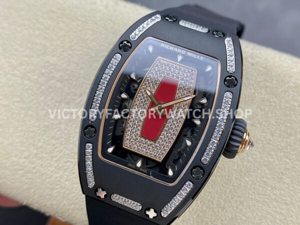 BBA Factory Richard Mille RM 07 31.4mm Diamond Black Ceramic Black Rubber Strap Skeletonized Red Dial