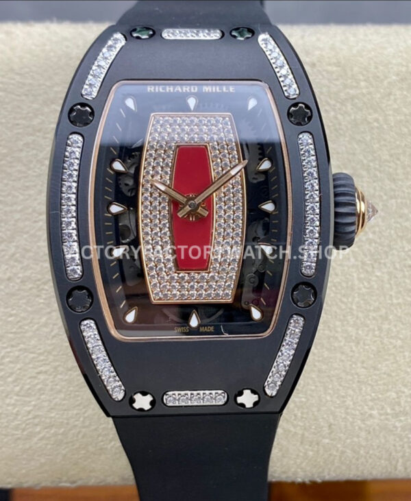 BBA Factory Richard Mille RM 07 diamond black ceramic black rubber strap red skeletonized dial