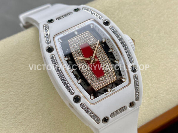 BBA Factory Richard Mille RM 07 31.4mm Diamond White Ceramic White Rubber Strap Skeletonized Red Dial (6) BBA Factory Richard Mille RM 07 31.4mm Diamond White Ceramic White Rubber Strap Skeletonized Red Dial